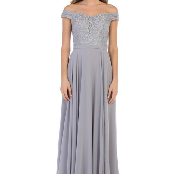 Long Misses Gray Lace Off Shoulder Bridesmaid Gown - Picture 2 of 2